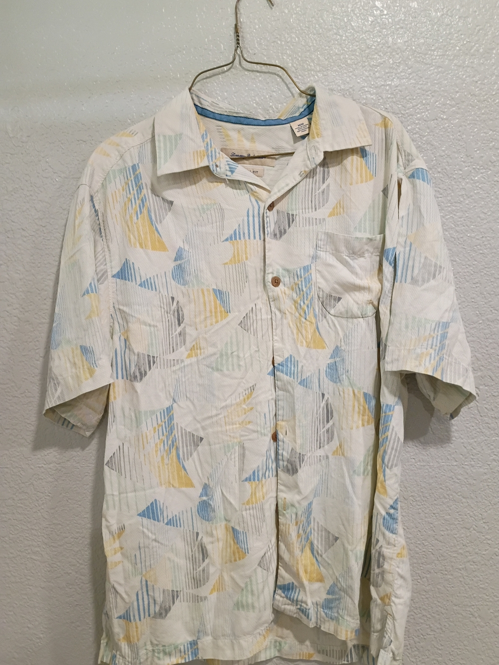 Tommy Bahama White Silk Original Fit Shirt with Blue & Yellow Print M